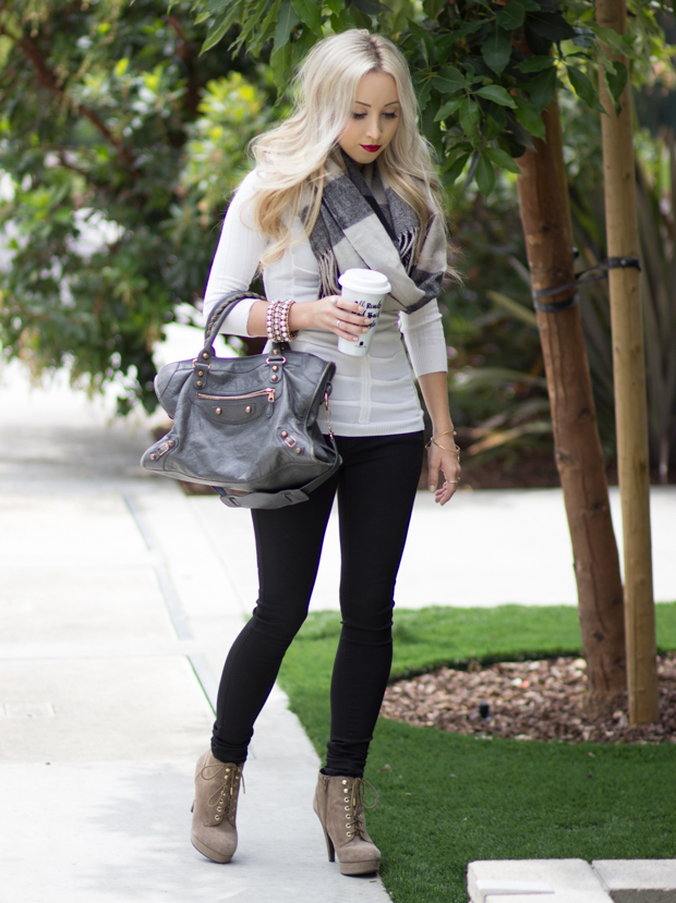 Gray Plaid Scarf, Gray Balenciaga Bag || StyledByBlondie.com