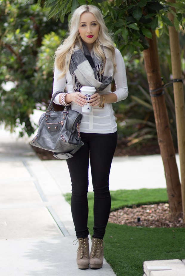 Gray Scarf & Gray Balenciaga Bag || StyledByBlondie.com