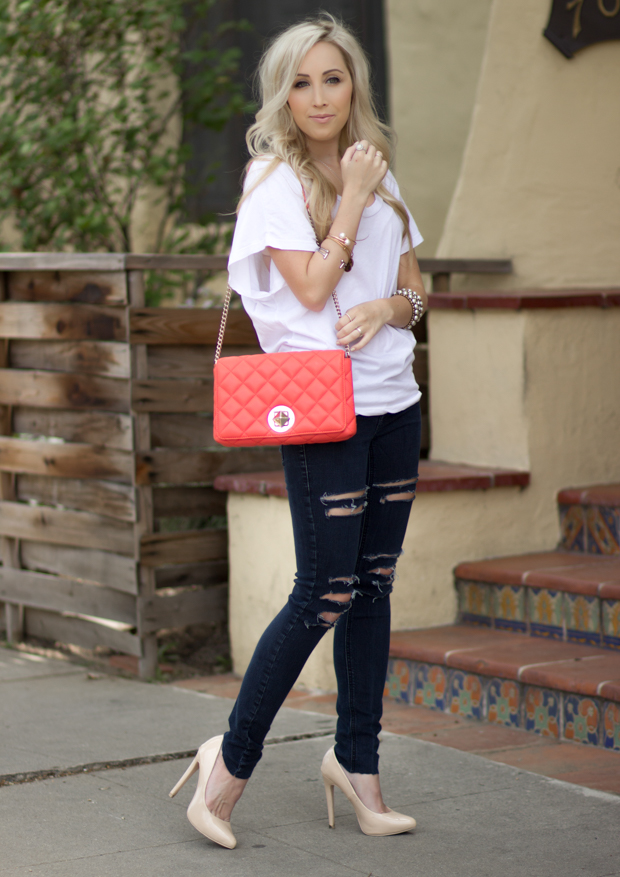 Casual Outfit, Coral Kate Spade Bag || Styledbyblondie.com