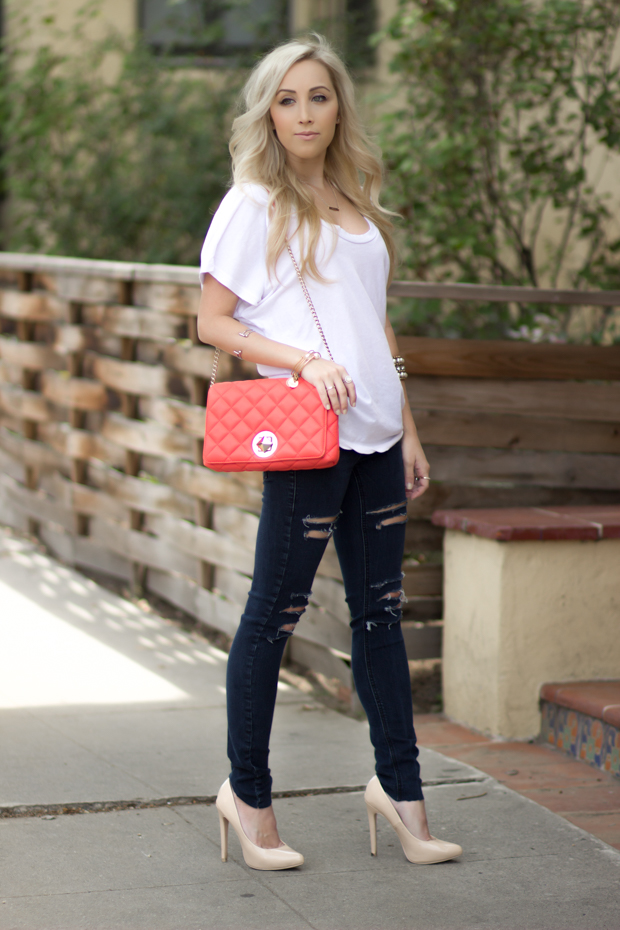 Casual Outfit, Coral Kate Spade Bag || Styledbyblondie.com