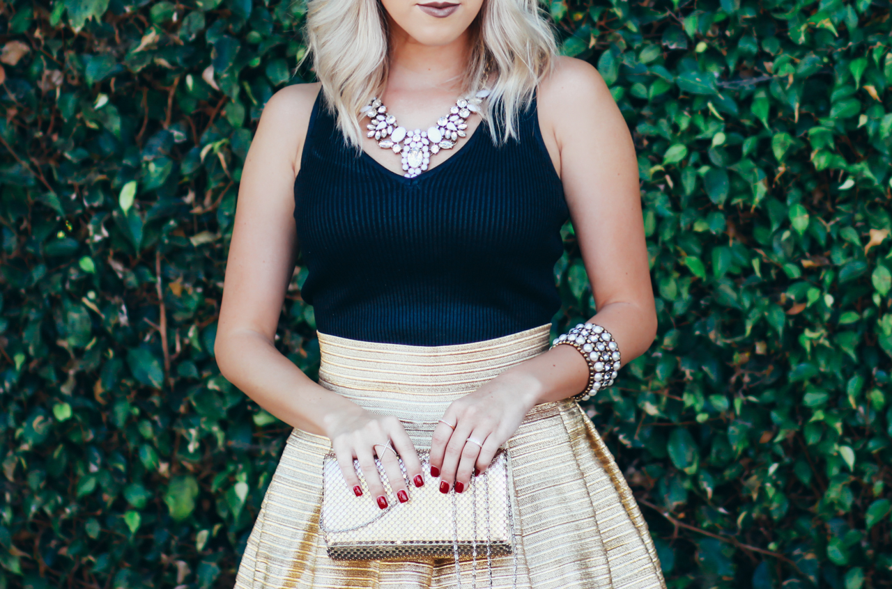 Holiday Outfit - Gold Skirt | StyledByBlondie.com