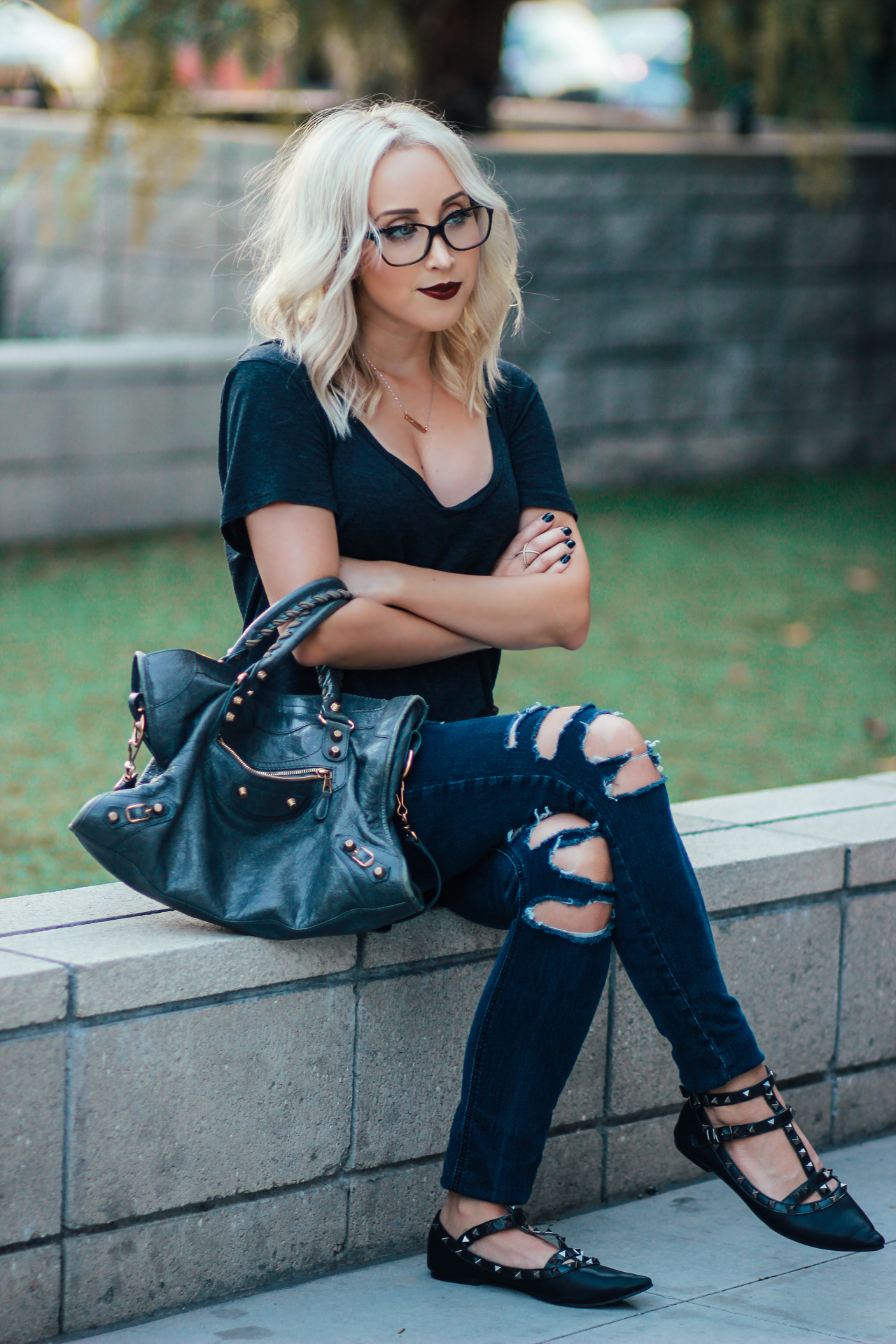 Ripped Jeans, Studded Flats, Oversized Tee | StyledByBlondie.com