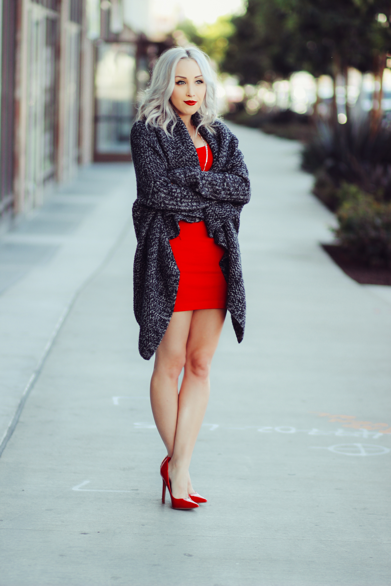 Red Bodycon Dress | Thick Gray Cardigan @Windsorstore | StyledByBlondie.com