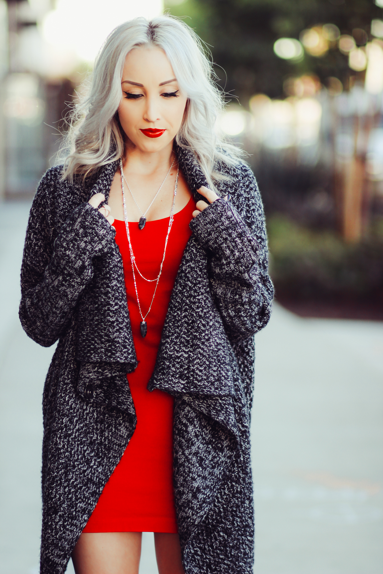 Red Bodycon Dress | Thick Gray Cardigan @Windsorstore | StyledByBlondie.com