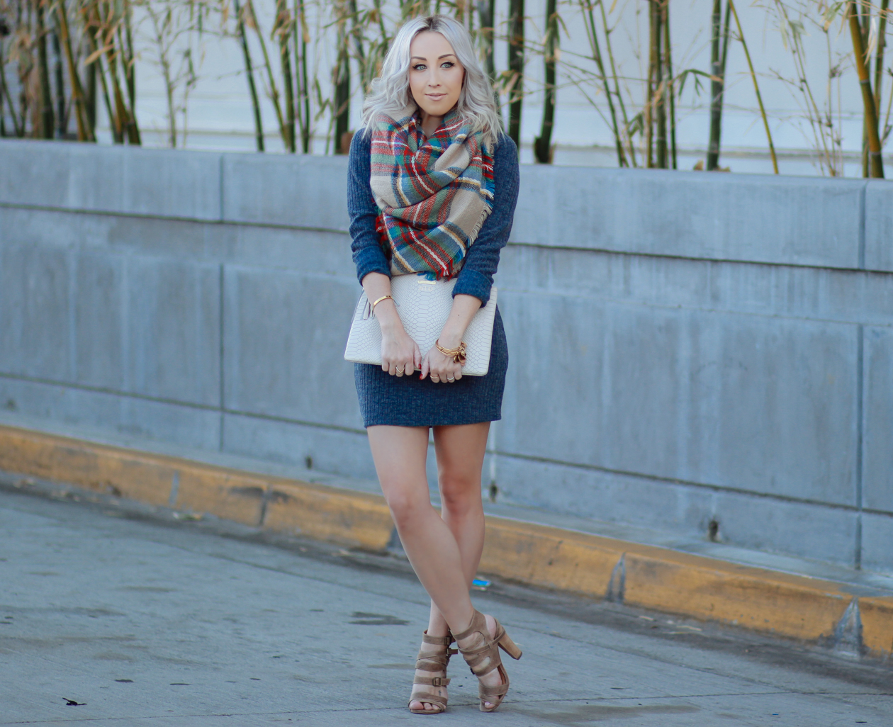 Sweater Dress | Plaid Blanket Scarf | Gigi New York Clutch | StyledByBlondie.com