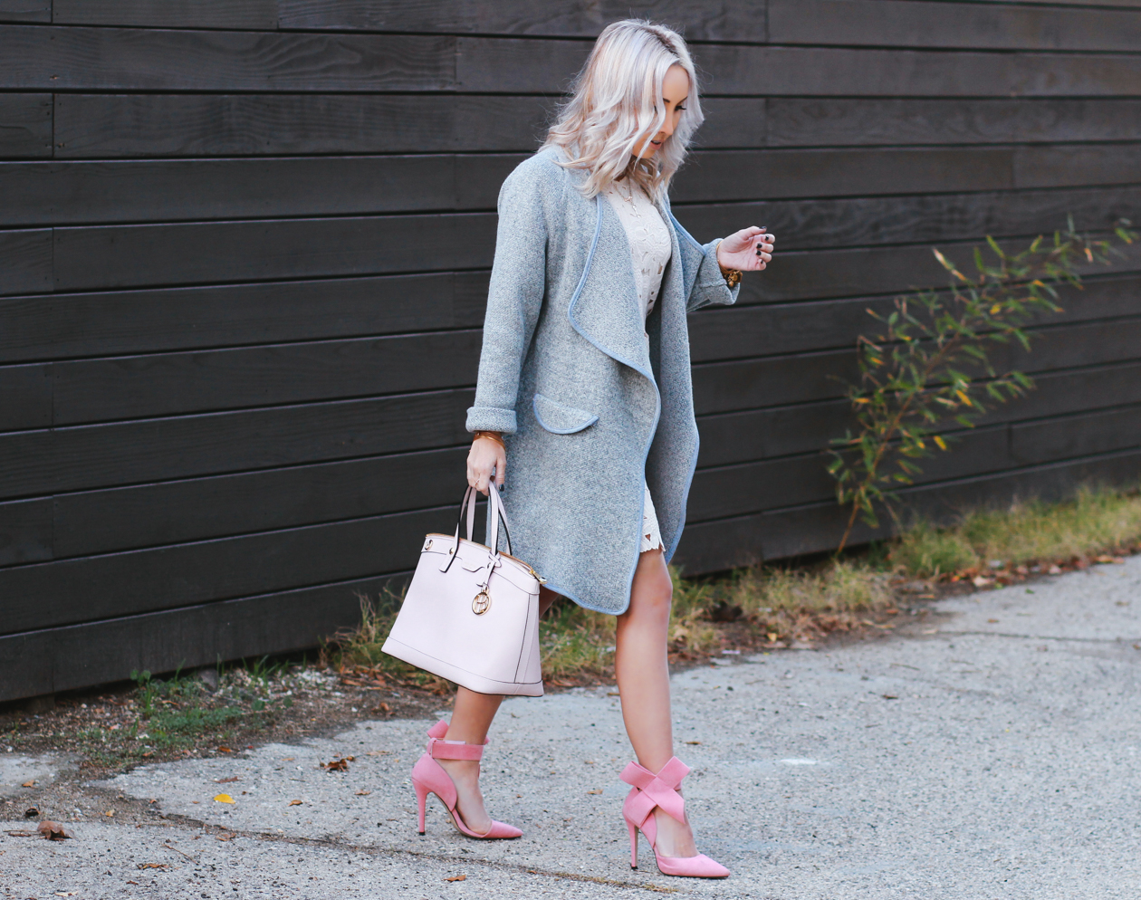 Grey coat, Pink Henri Bendel Bag, Crochet Dress | BlondieInTheCity.com