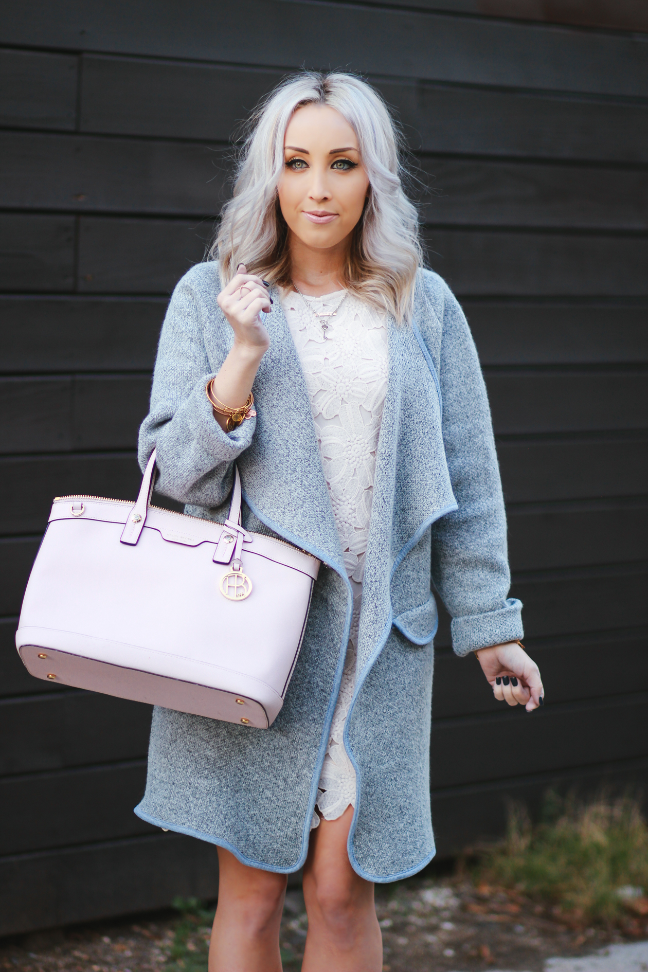 Grey coat, Pink Henri Bendel Bag, Crochet Dress | BlondieInTheCity.com