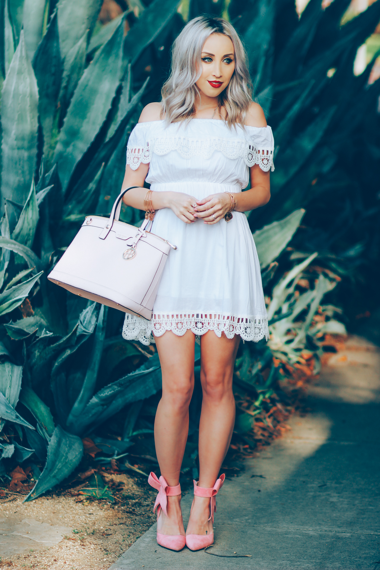 White Off The Shoulder Dress | Pink Bow Heels | BlondieintheCity.com