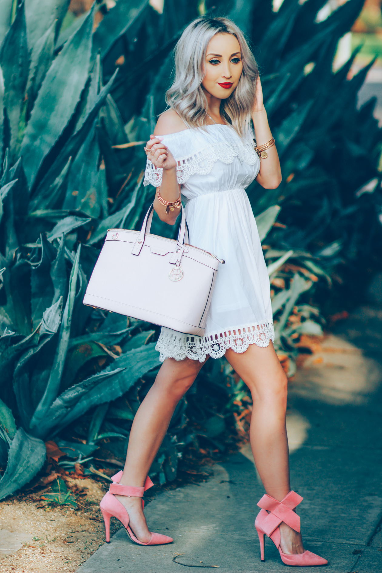 White Off The Shoulder Dress | Pink Bow Heels | BlondieintheCity.com