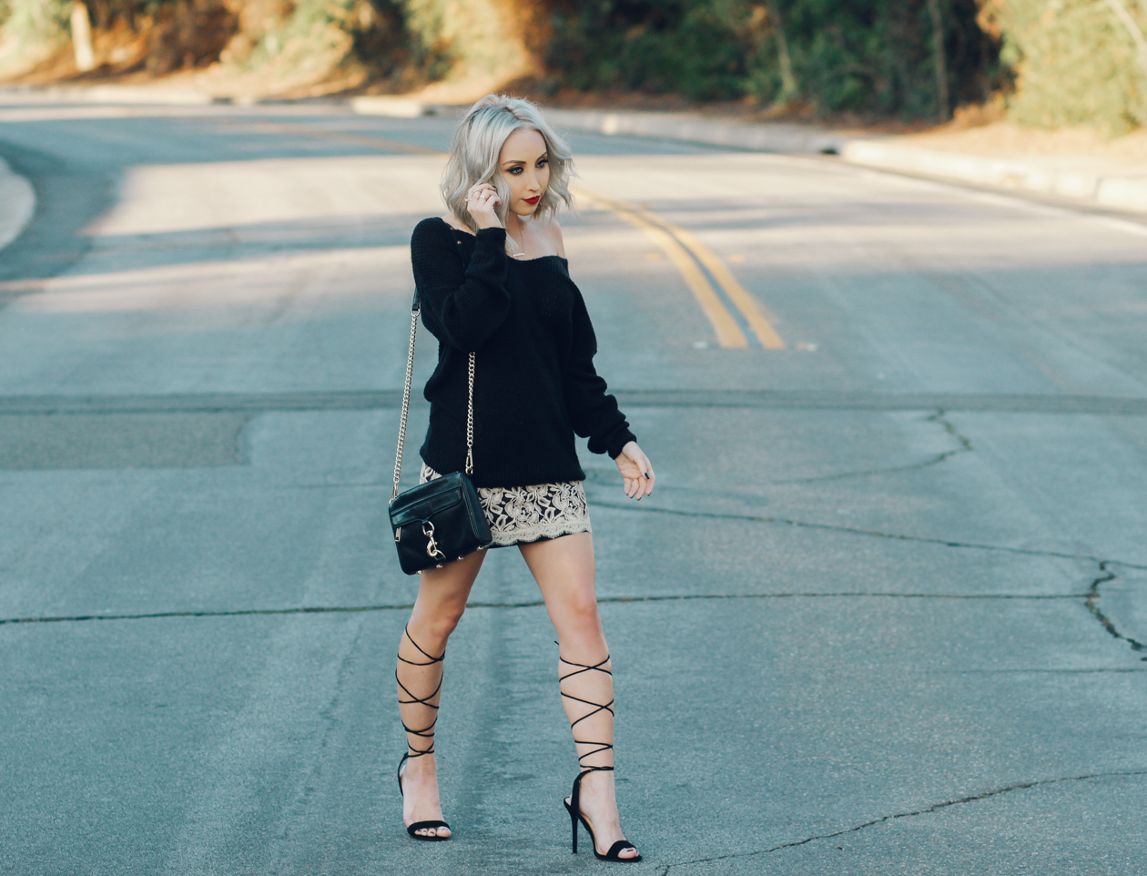 Street Style |Lace Skirt with Oversized Waffle Knit Pullover | BlondieintheCity.com
