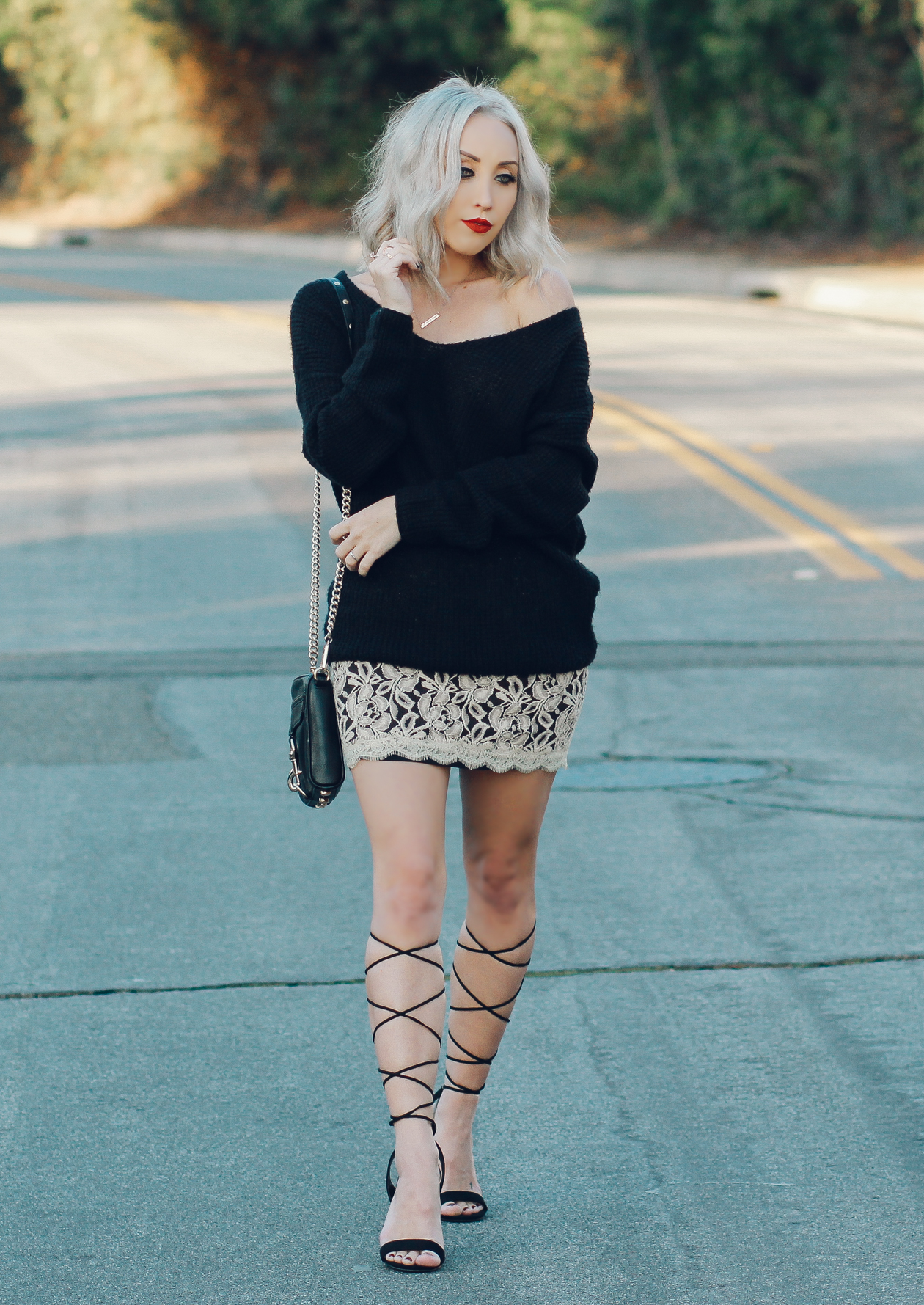 Street Style |Lace Skirt with Oversized Waffle Knit Pullover | BlondieintheCity.com
