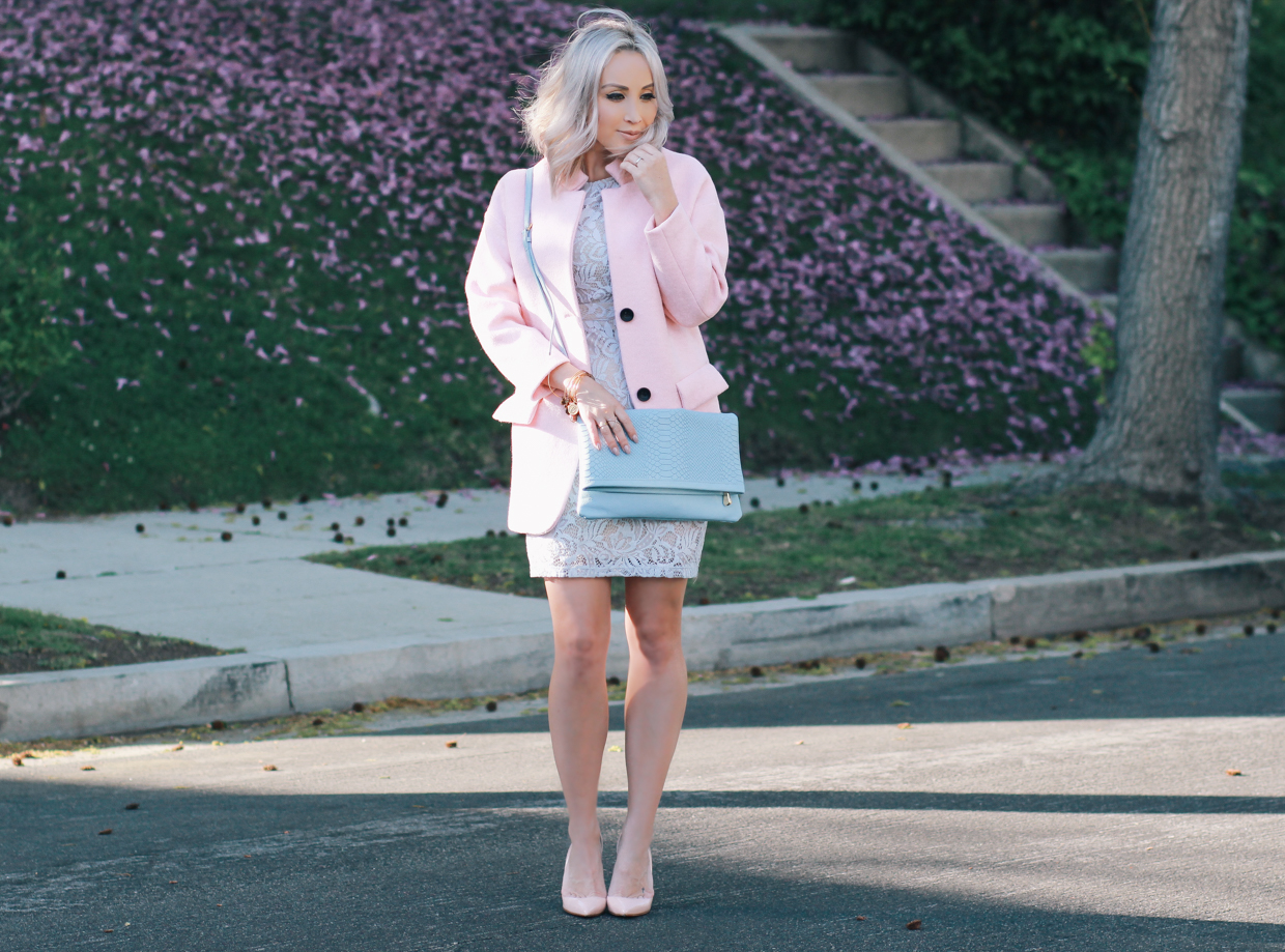 Blondie in the City | Pastel Spring Outfit | Blue Lace Dress, Pink Coat, Christian Louboutin's, & Reversible Python Clutch by @giginewyork