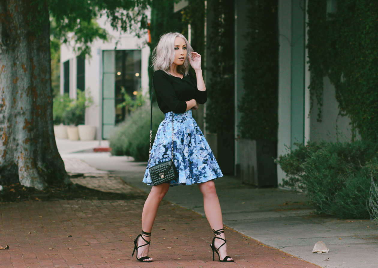Elegant Street Style, Blue Floral Skirt | BlondieintheCity.com