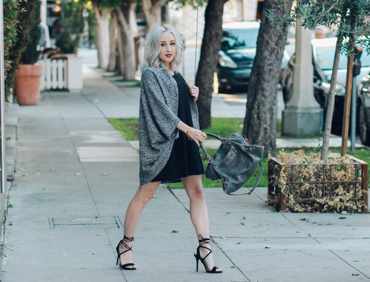 Heathered Cardigan - Lace Up Heels - Grey Balenciaga Bag - Anastasia Beverly Hills Liquid Lipstick | BlondieintheCity.com