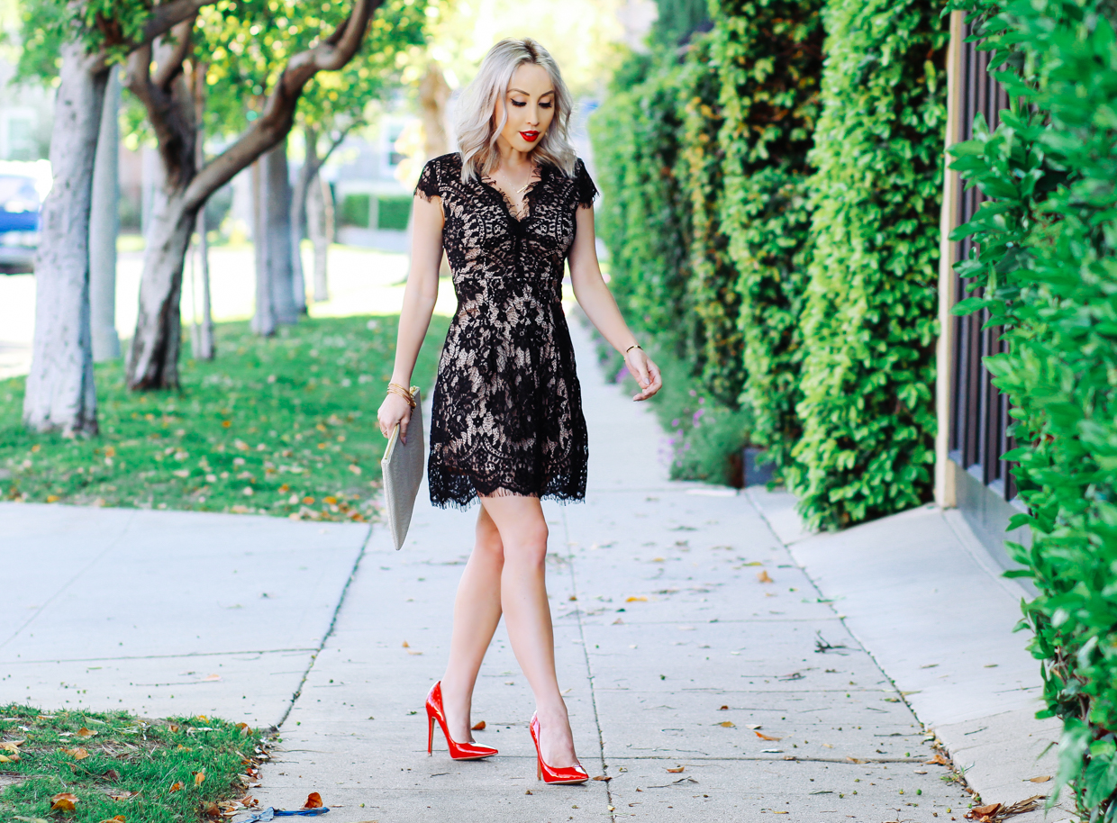 Blondie in the City | Eyelash Lace Dress, Red Lipstick, & Red Pumps