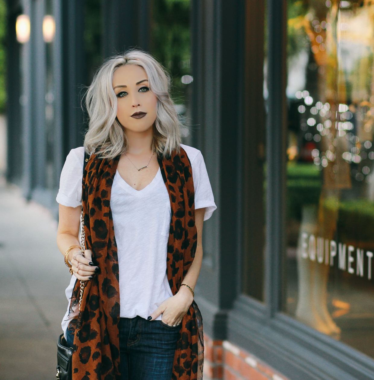 Blondie in the City | Casual Style in Leopard, Madewell White Tee, Anastasia Beverly Hills Liquid Lipstick, Short Ash Blonde Hair