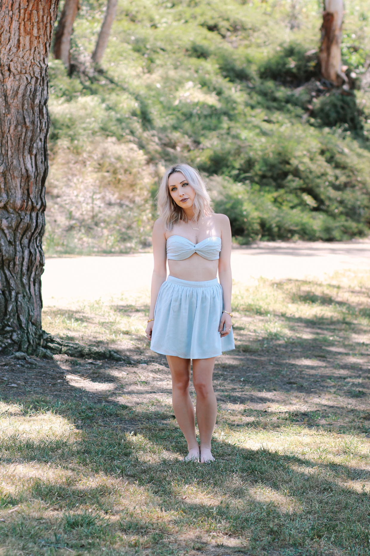 Blondie in the City | Baby Blue Bandeau and Skirt Set from @shoptobi | Summer / Festival Inspired Outfit