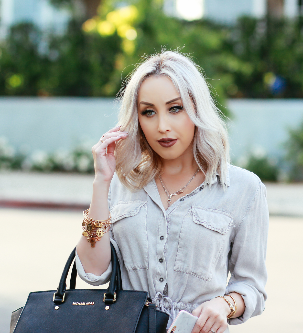 Blondie in the City | Button Up Cargo Dress, Michael Kors Bag, Ankle Strap Heels