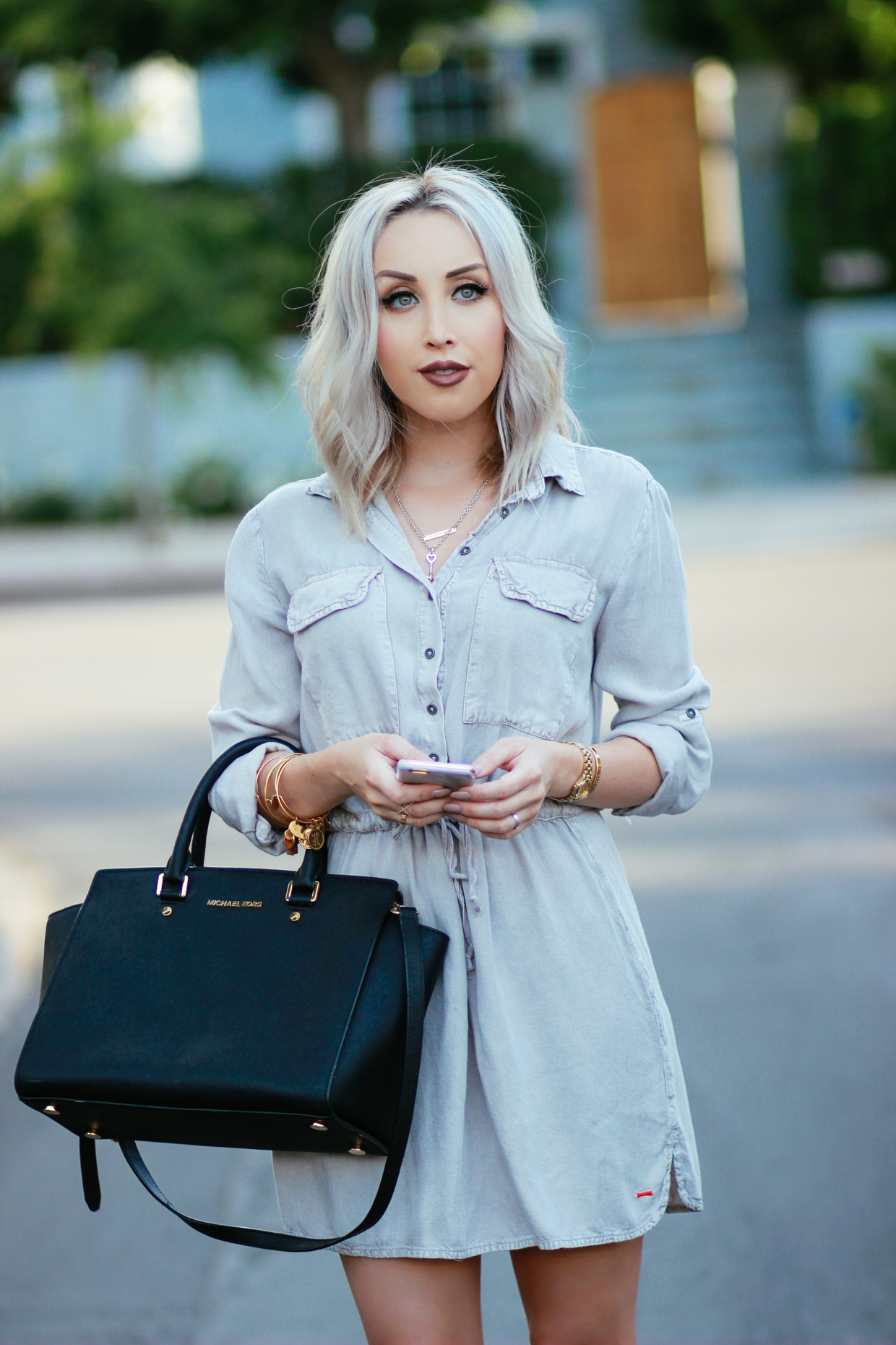 Blondie in the City | Button Up Cargo Dress, Michael Kors Bag, Ankle Strap Heels