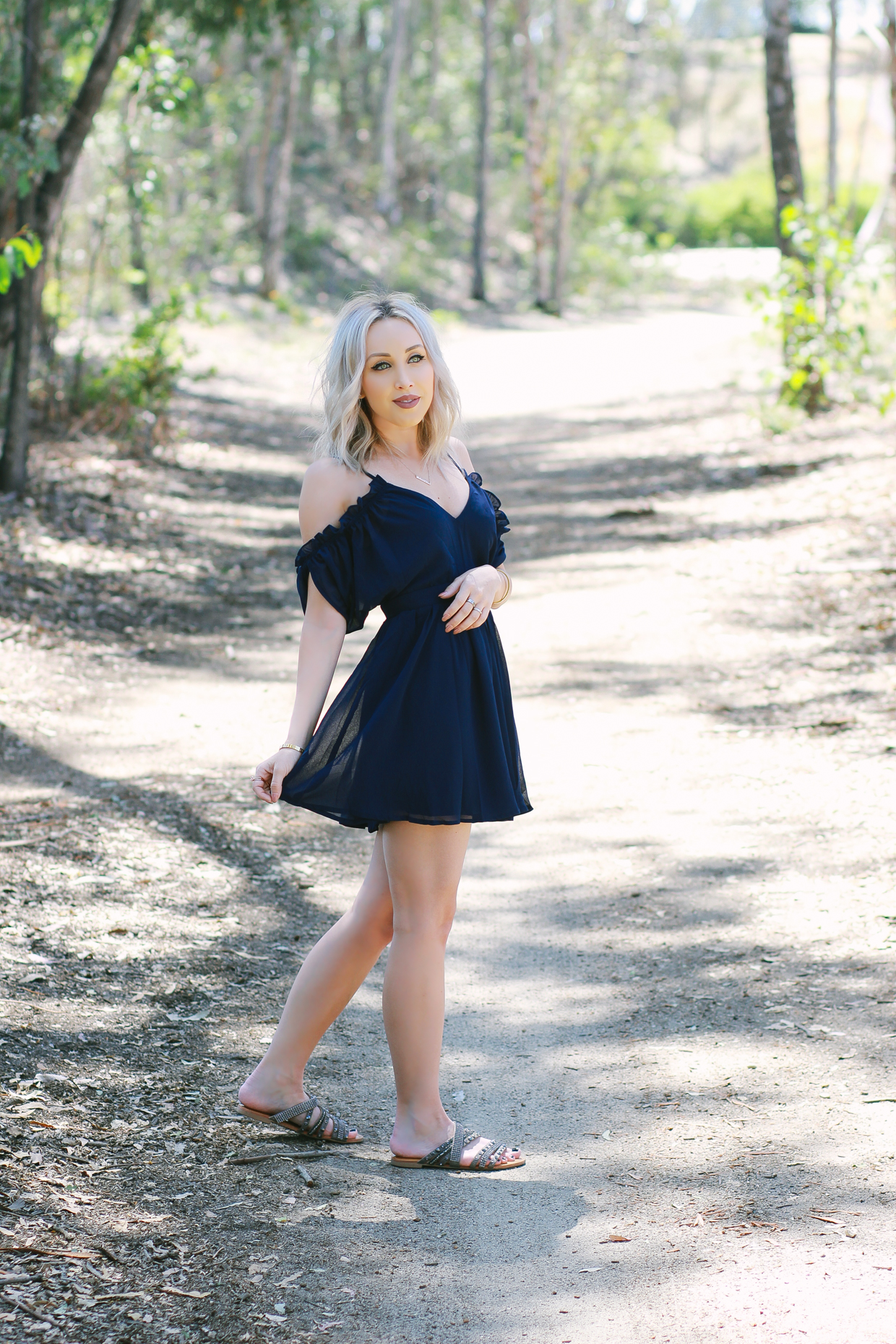 Blondie in the City | Navy Blue Chiffon Dress, Cutout Ruffle Shoulders @shoptobi