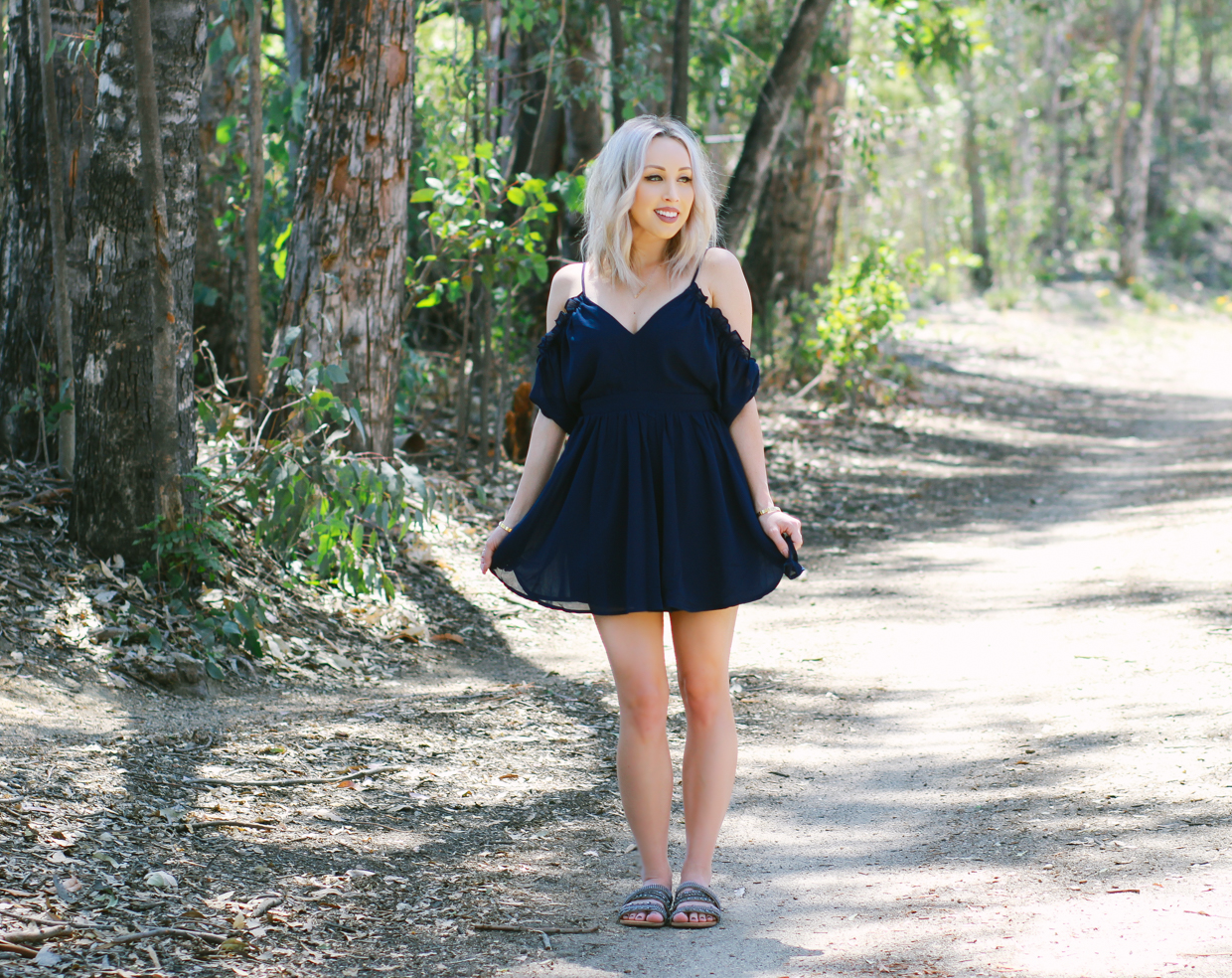 Blondie in the City | Navy Blue Chiffon Dress, Cutout Ruffle Shoulders @shoptobi