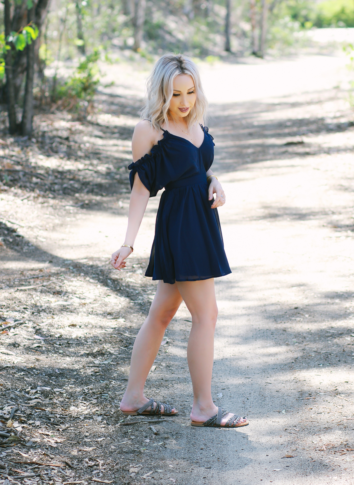 Blondie in the City | Navy Blue Chiffon Dress, Cutout Ruffle Shoulders @shoptobi