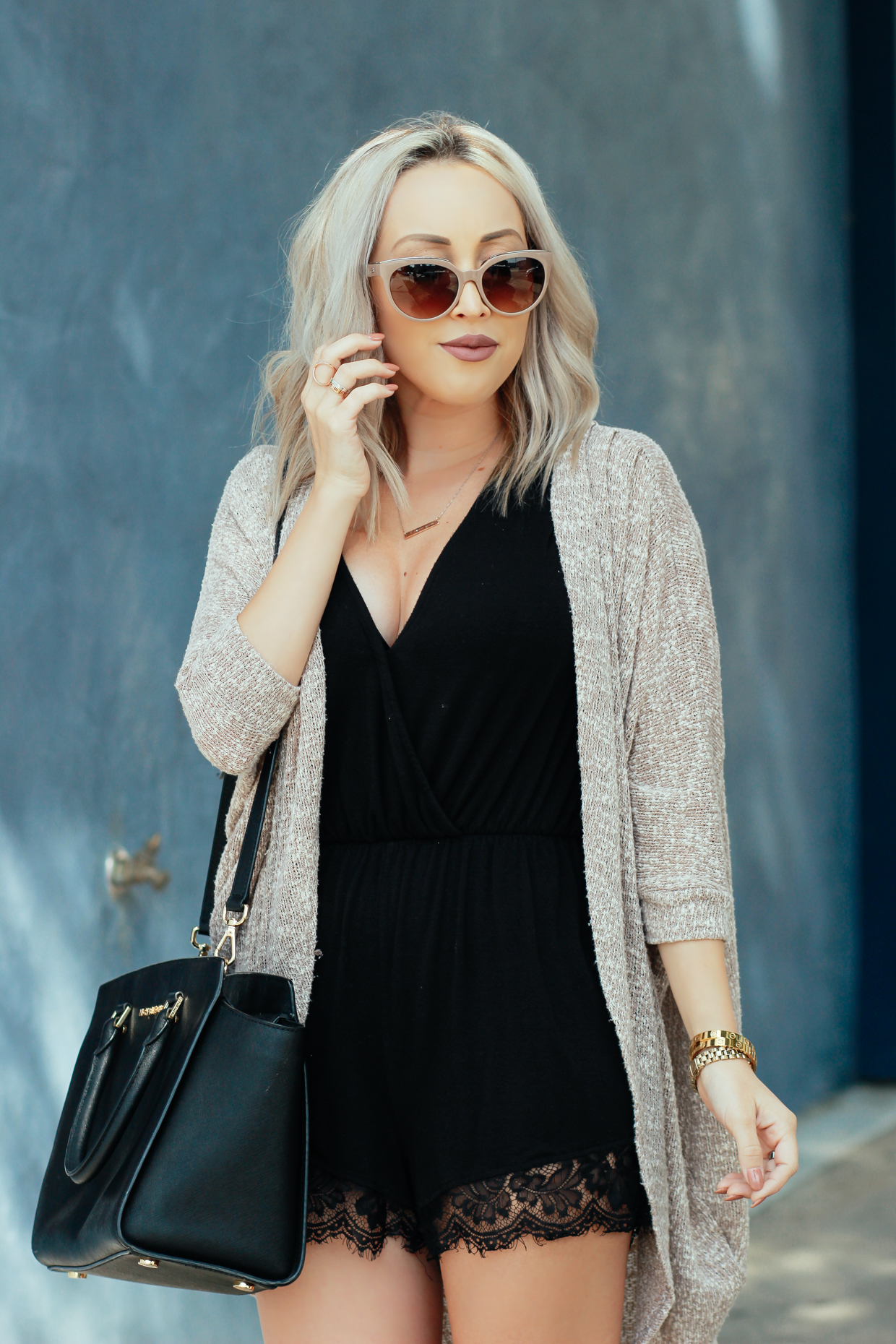 Blondie in the City | Balenciaga Sunglasses, Black Lace Romper, Black Michael Kors Bag