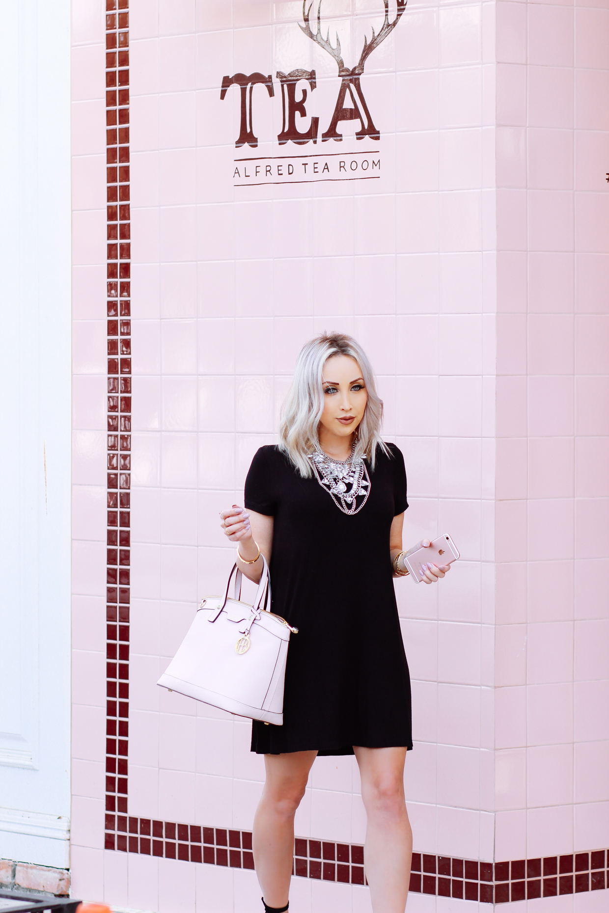 Blondie in the City | Little Black Dress, Pink @henribendel Bag, Statement Necklace | Alfred Tea Room, West Hollywood, Melrose Place