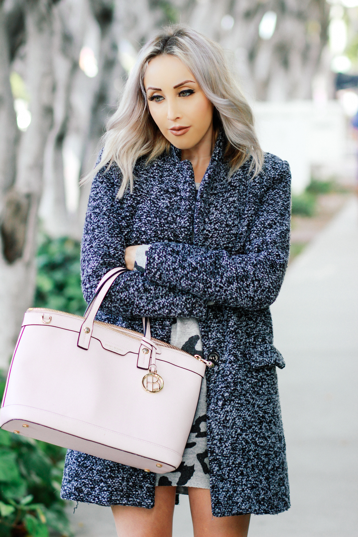 Blondie in the City | Grey Sweater Dress, Grey Coat, Pink @henribendel Bag