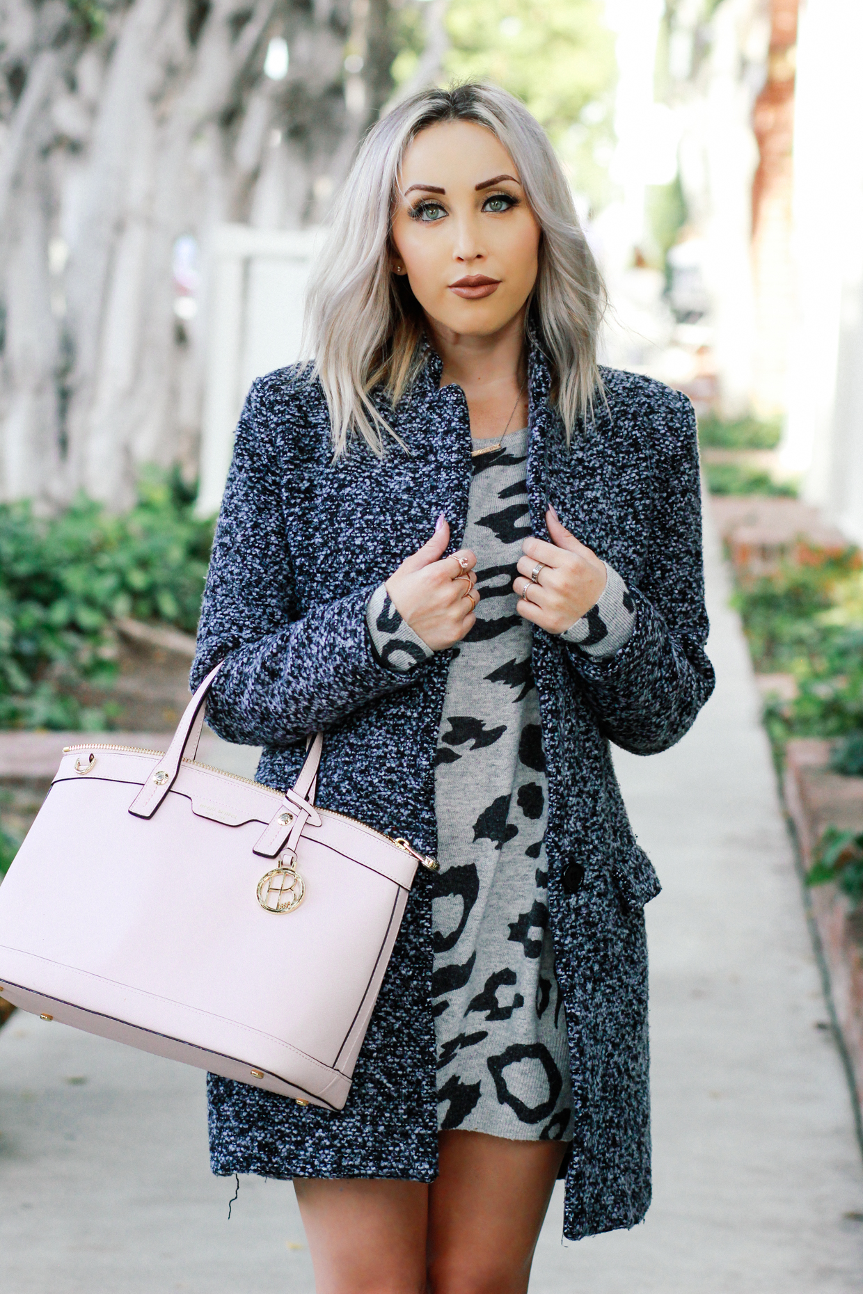 Blondie in the City | Grey Sweater Dress, Grey Coat, Pink @henribendel Bag
