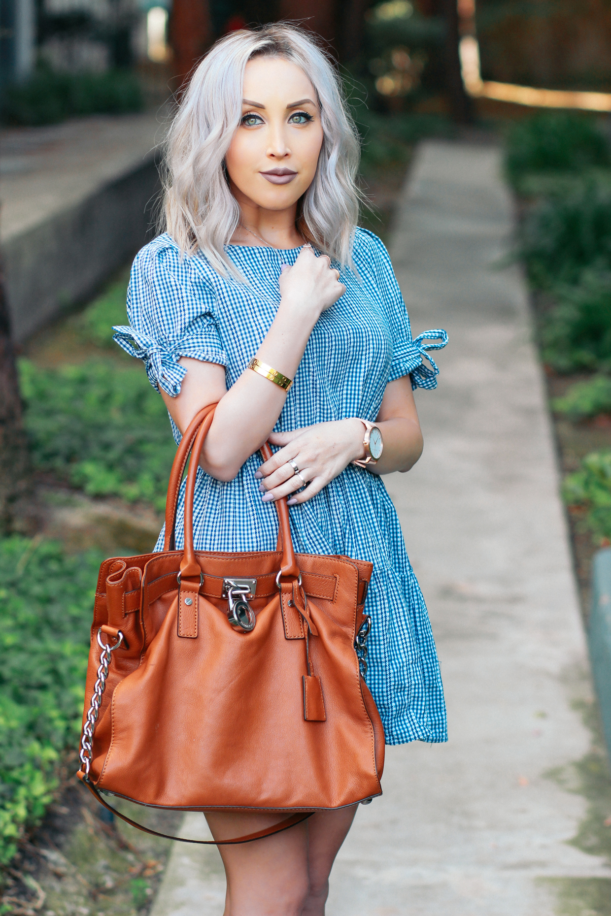Blondie in the City | Plaid Dress, Camel Michael Kors Bag, Pale Pink Louboutin's