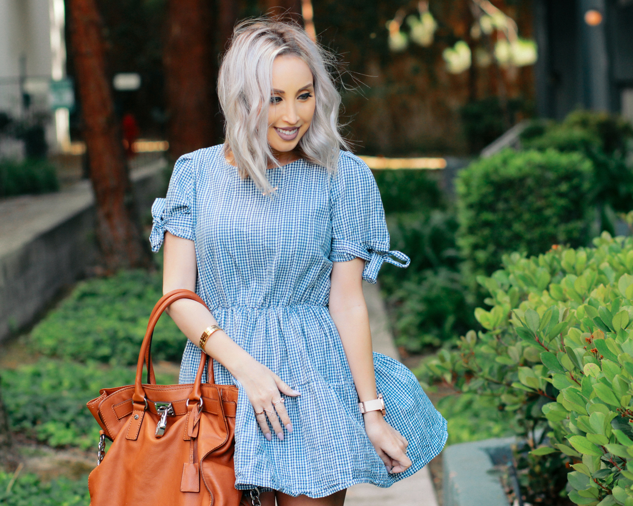 Blondie in the City | Plaid Dress, Camel Michael Kors Bag, Pale Pink Louboutin's