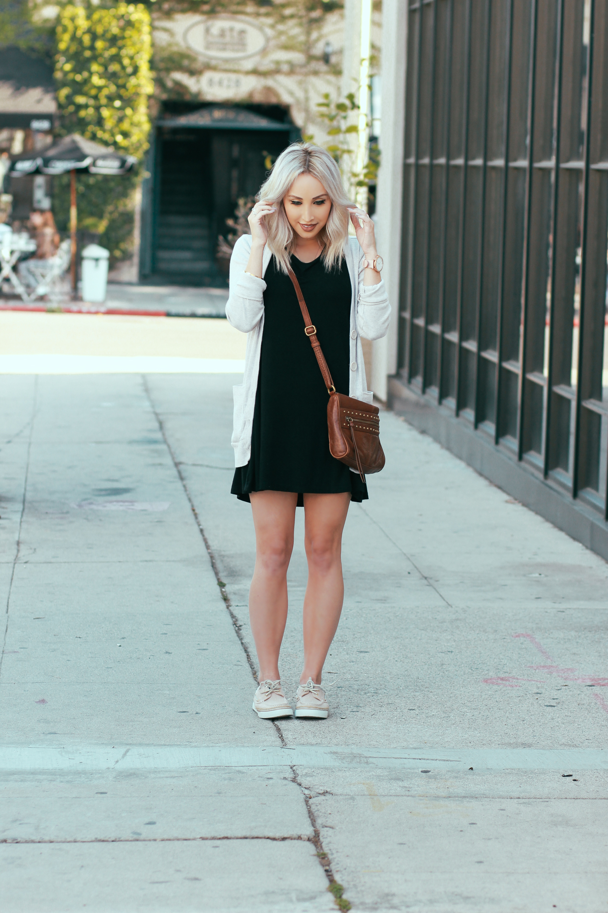 Blondie in the City | Little Black Dress and a Light Sweater | Watch: @the_fifth | Shoes: Sperry's from @rwfootwear