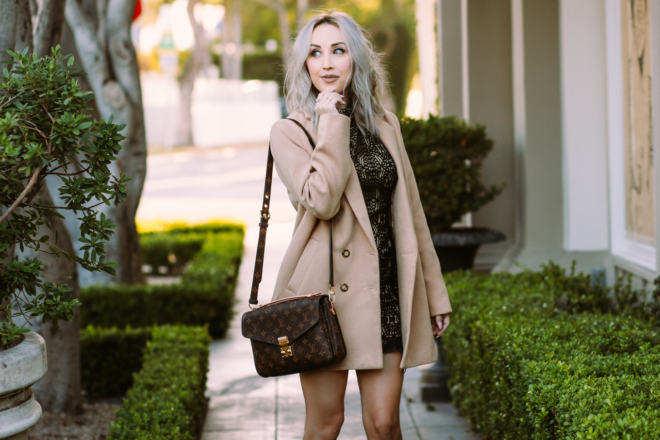 Blondie in the City | Halter Lace Dress, Camel coat, Louis Vuitton Bag | Chic #OOTD