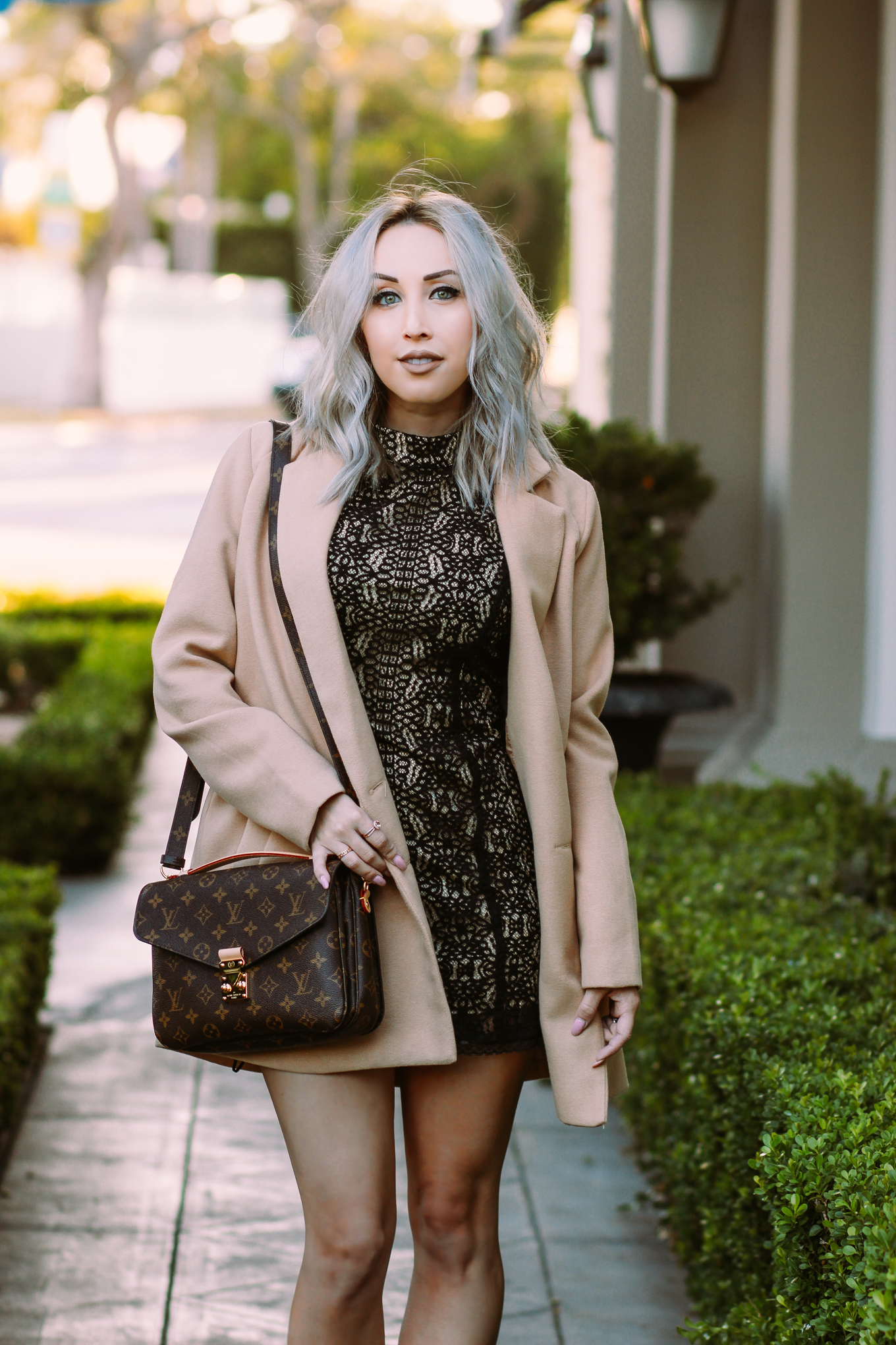 Blondie in the City | Halter Lace Dress, Camel coat, Louis Vuitton Bag | Chic #OOTD