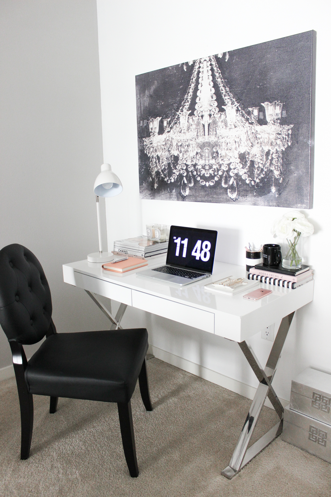 Blondie in the City | Office Space Decor, Desk Decor, Black and White office Decor, White Office Desk, Black Tufted Chair