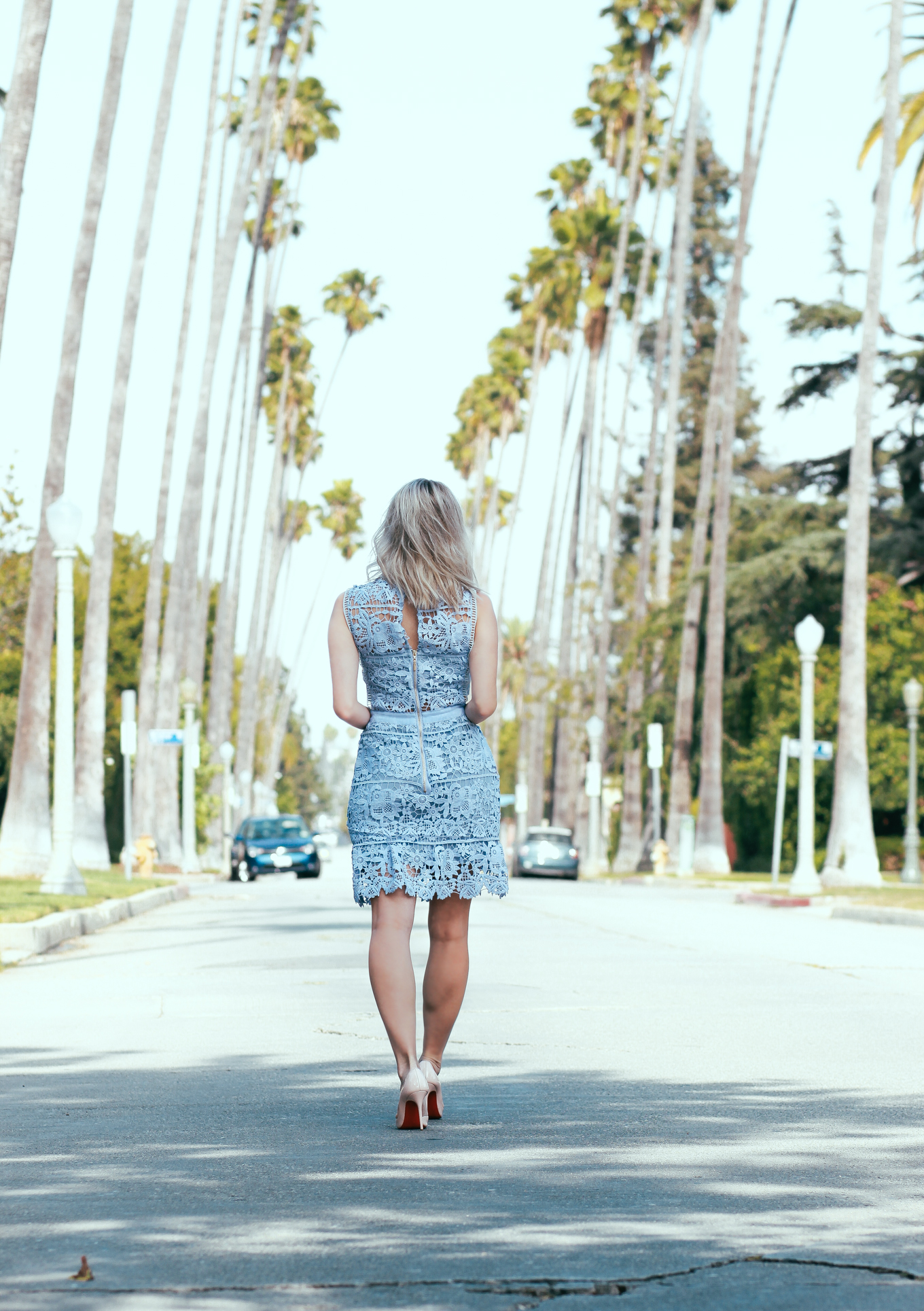 Blondie in the City | Baby Blue Lace A-Line Dress | Street of Palm Tress in LA
