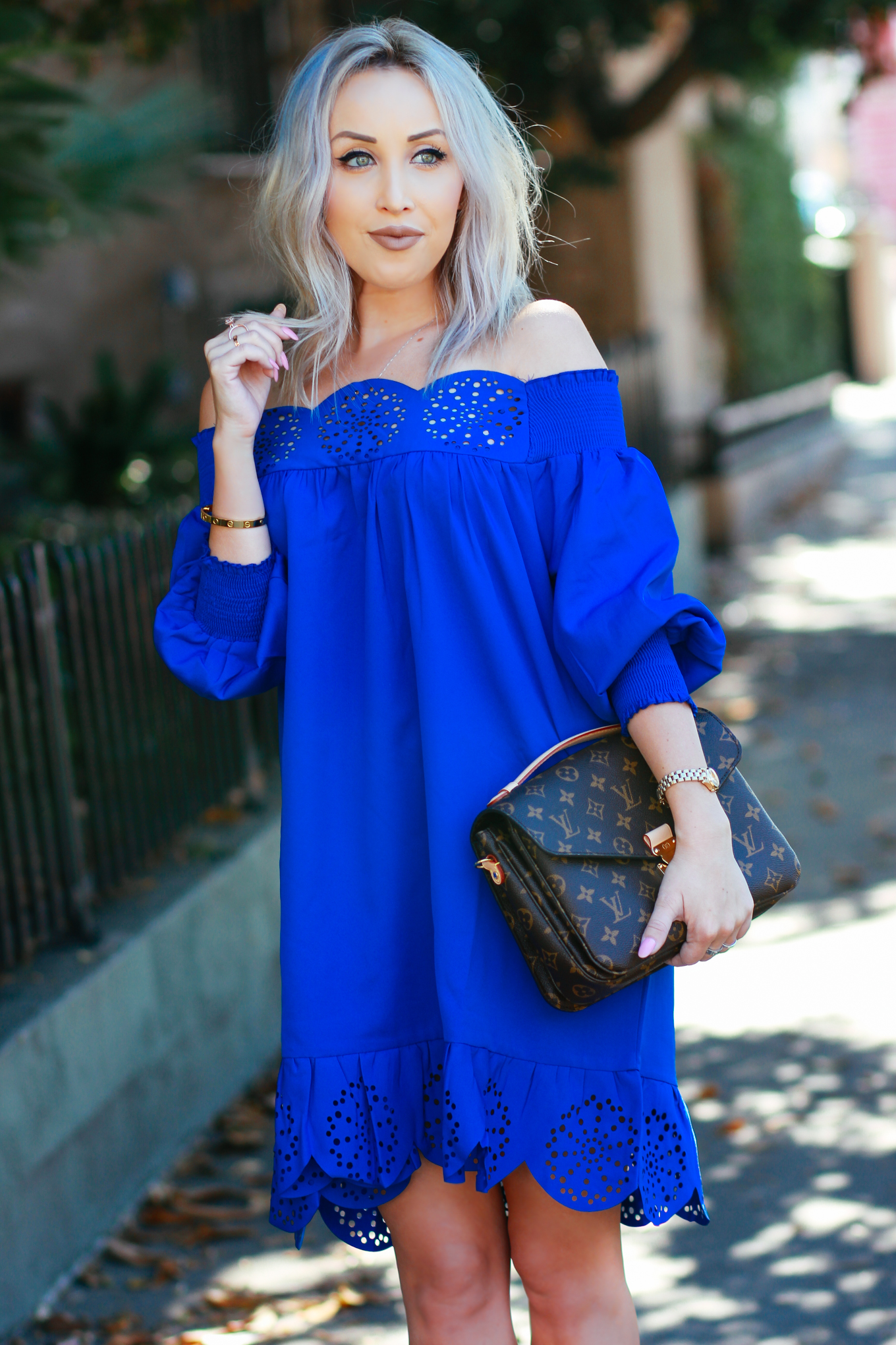 Blondie in the City | Bright Blue Scalloped Off The Shoulder Dress | Louis Vuitton Pochette Metis | Bright Blue Summer Dress