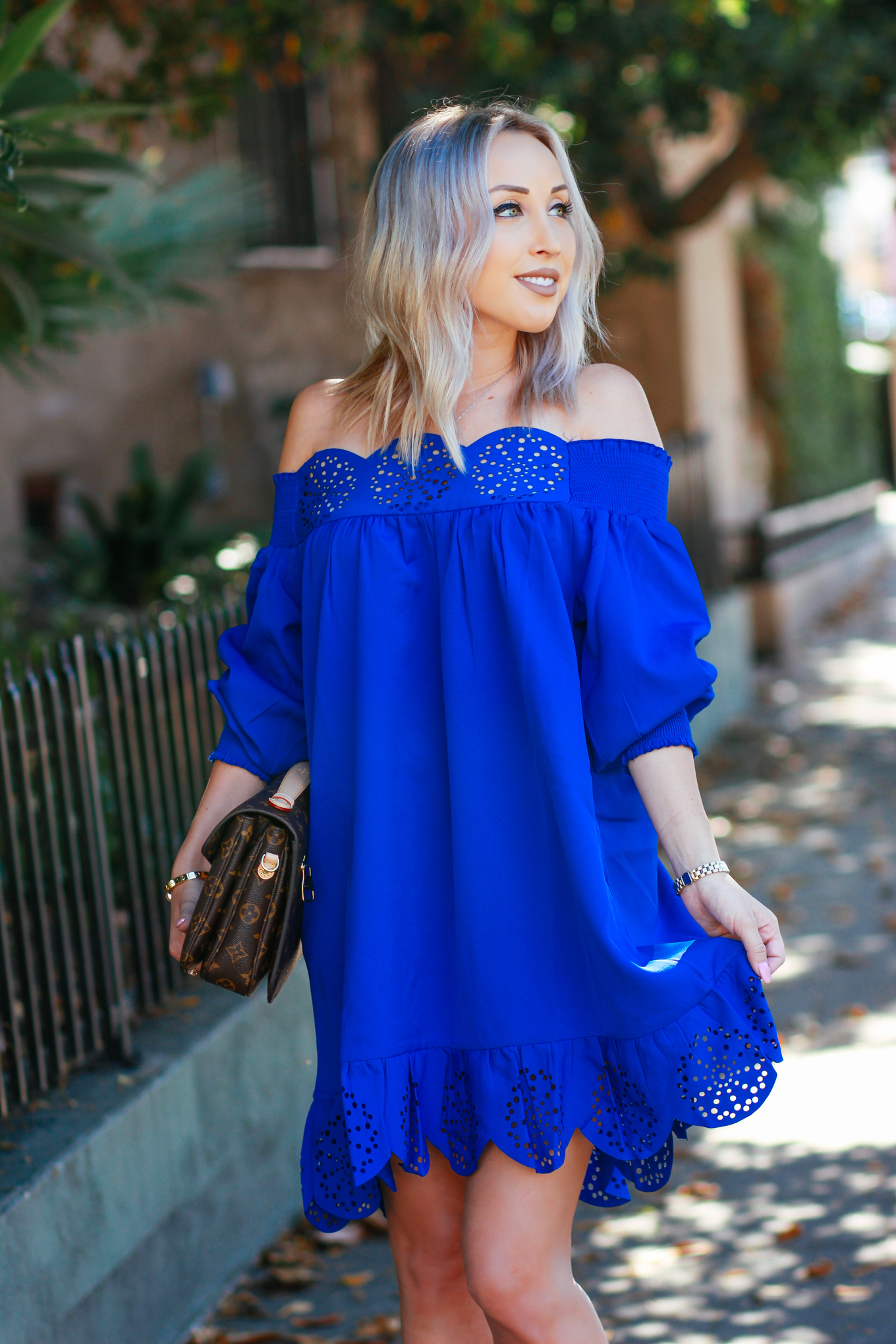 Blondie in the City | Bright Blue Scalloped Off The Shoulder Dress | Louis Vuitton Pochette Metis | Bright Blue Summer Dress