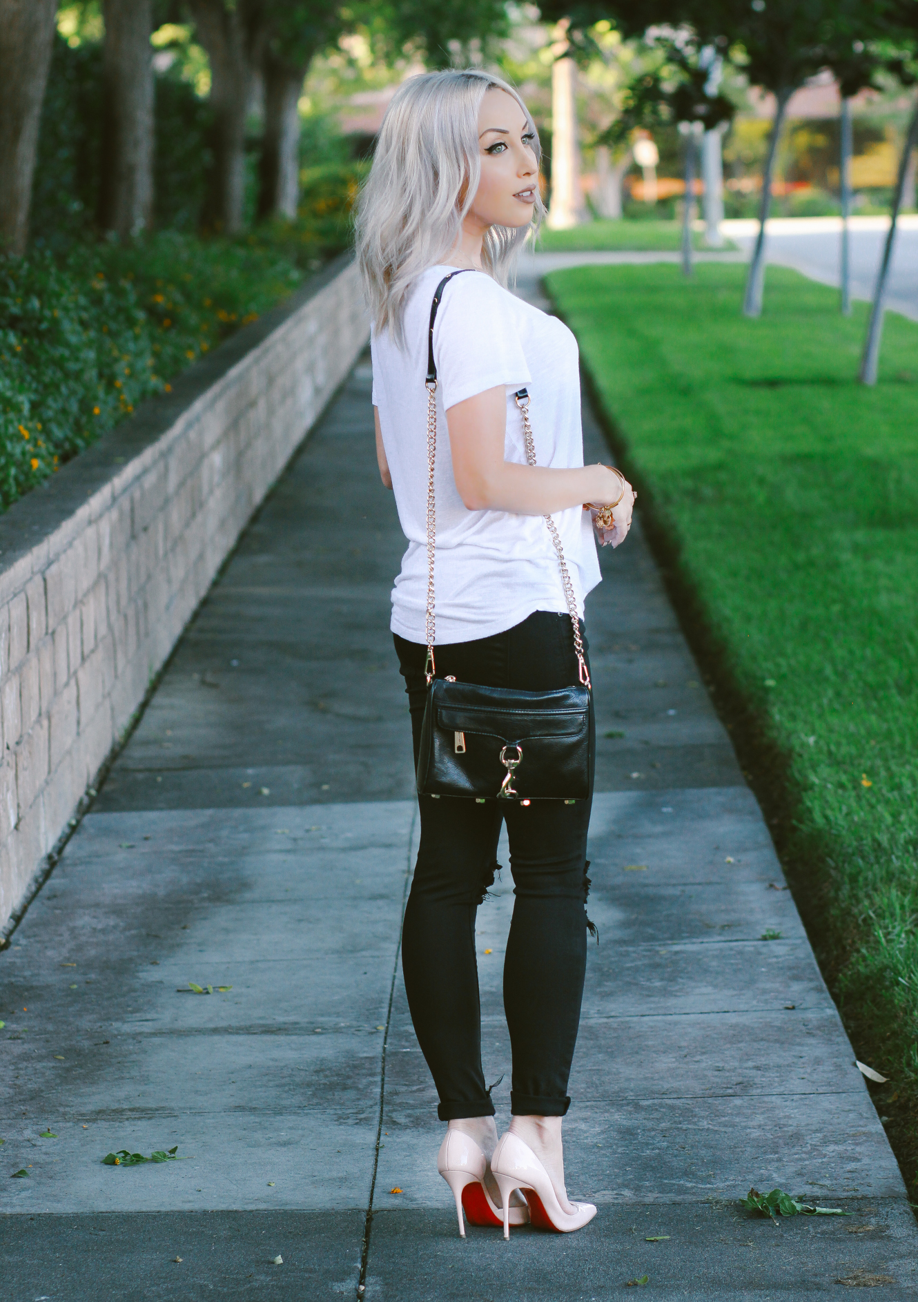 Blondie in the City | Black Skinny Jeans, Basic White Tee, Christian Louboutin's, Rebecca Minkoff Bag | Street Style #OOTD