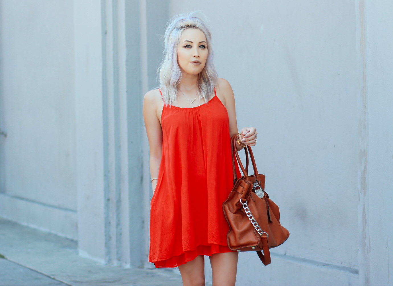 Blondie in the City | Armani Exchange Dress | Bright Orange Summer Dress | Camel Colored Sandals: @pbandjboutique | Michael Kors Bag