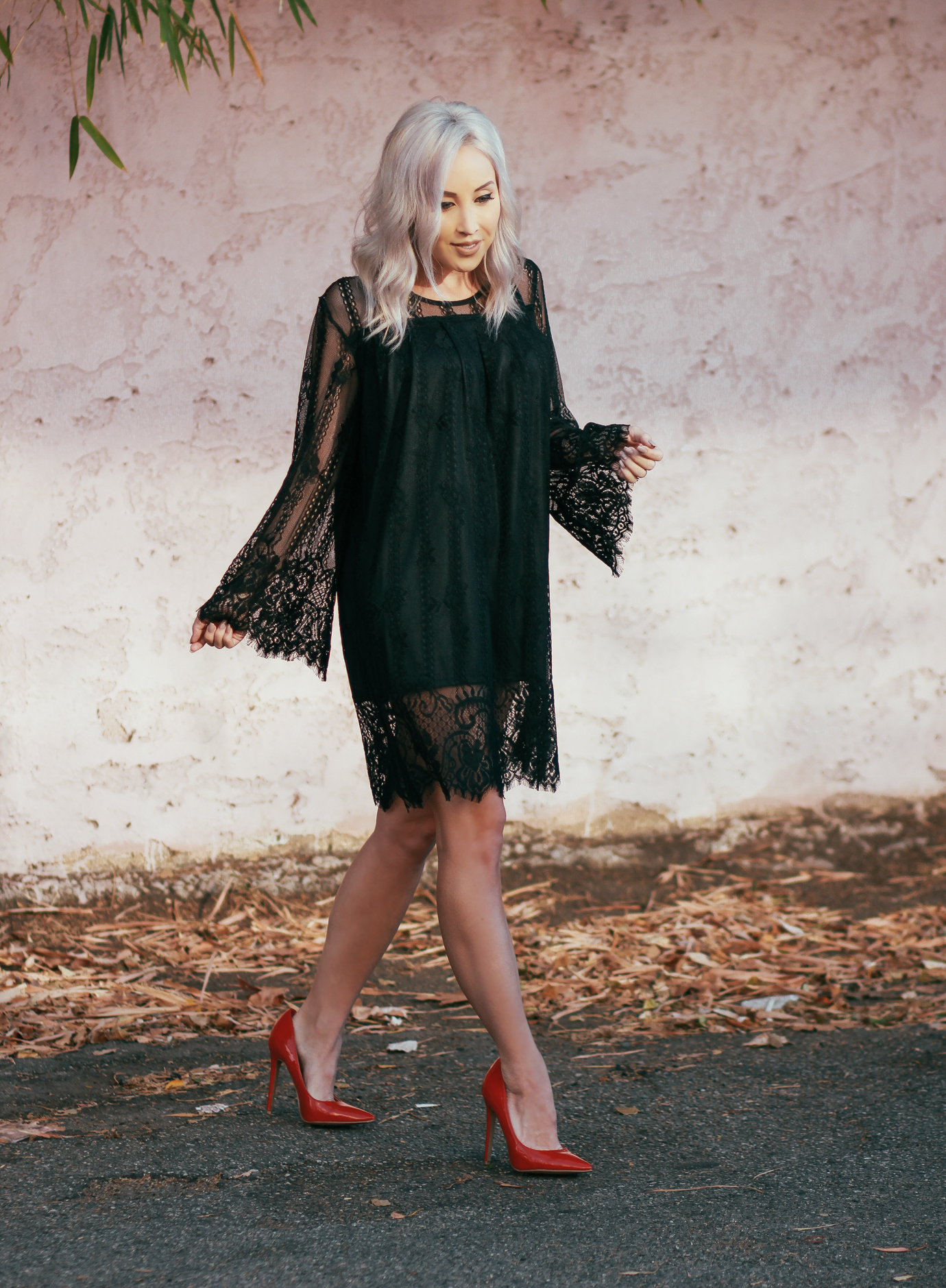 Blondie in the City | Black Lace Bell Sleeve Dress @Official_SheIn | Street Style #OOTD