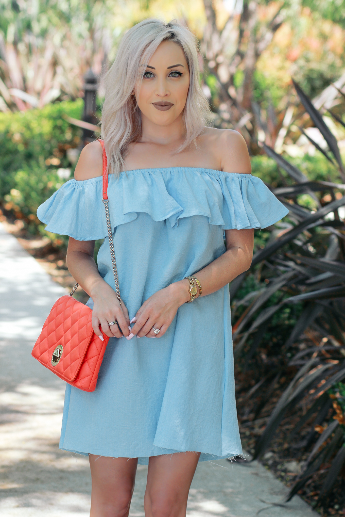 Blondie in the City | Light Blue Ruffle Summer Dress | Coral Kate Spade Bag | @corkysfootwear sandals