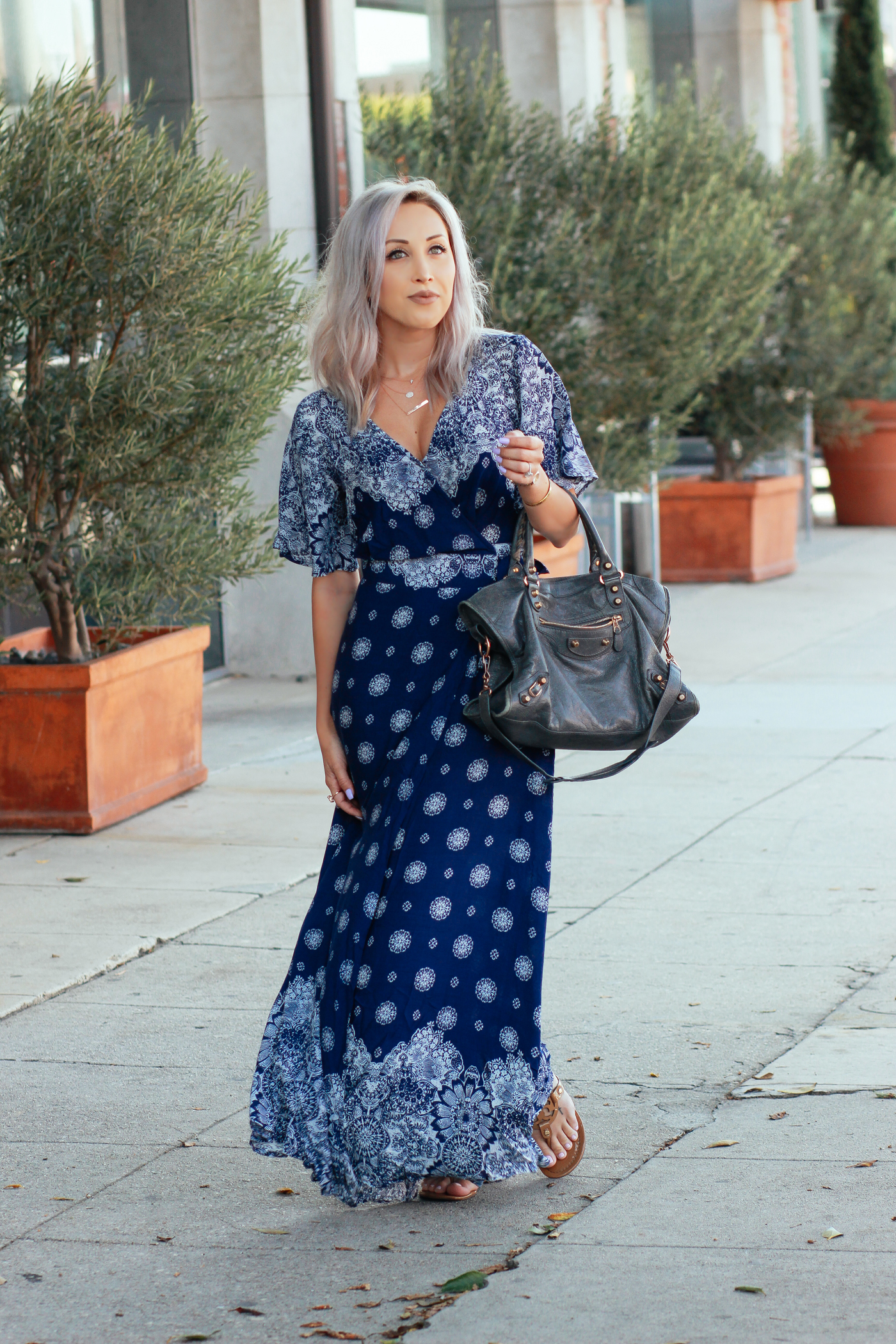 Blondie in the City | Necklaces: @Happyjewelers | Long Blue Wrap Maxi Dress | Summer Maxi Dress | Grey Balenciaga Bag 