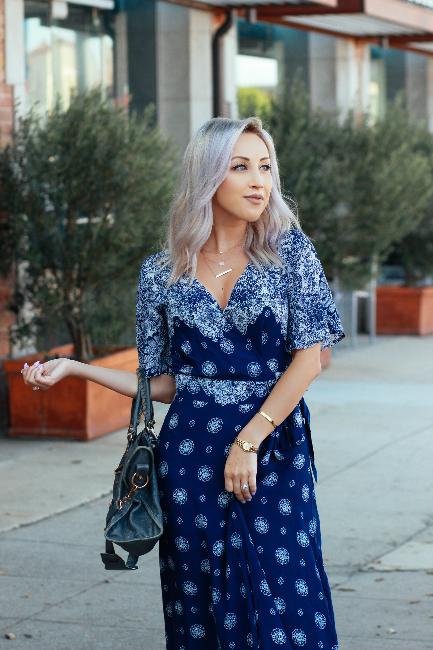 Blondie in the City | Necklaces: @Happyjewelers | Long Blue Wrap Maxi Dress | Summer Maxi Dress | Grey Balenciaga Bag