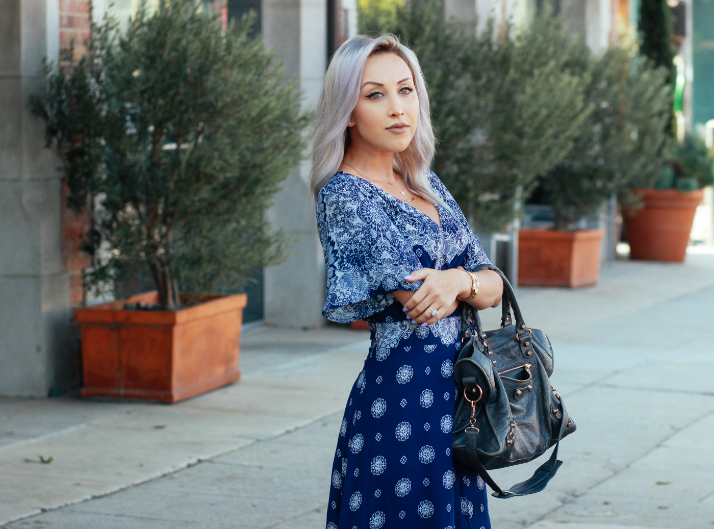 Blondie in the City | Necklaces: @Happyjewelers | Long Blue Wrap Maxi Dress | Summer Maxi Dress | Grey Balenciaga Bag 