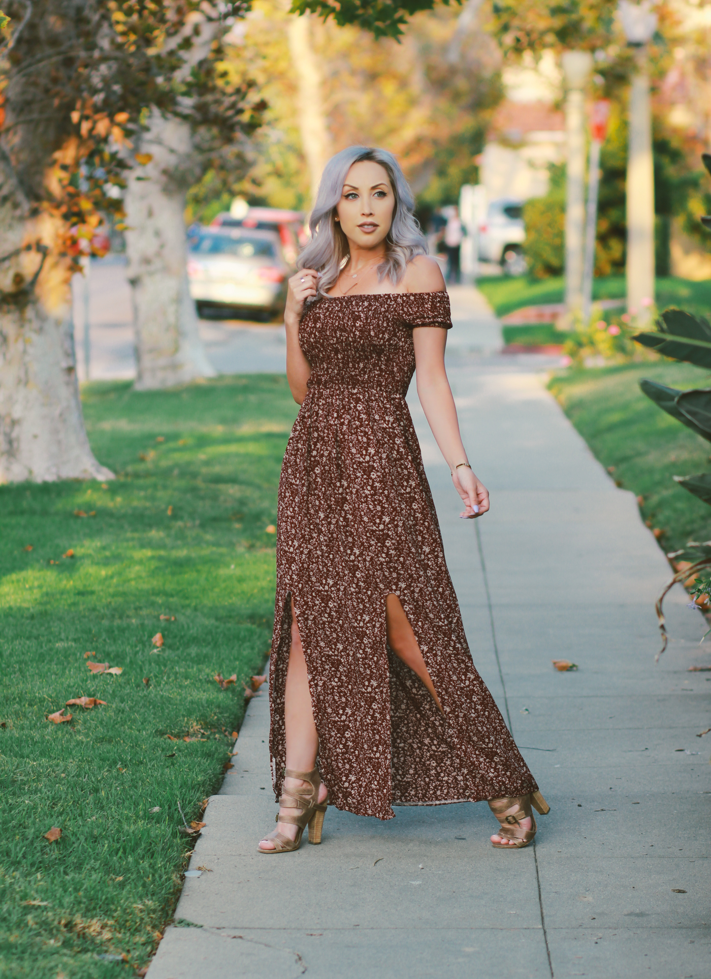 Blondie in the City | Off The Shoulder Maxi Dress | Fall Fashion | Silver Hair