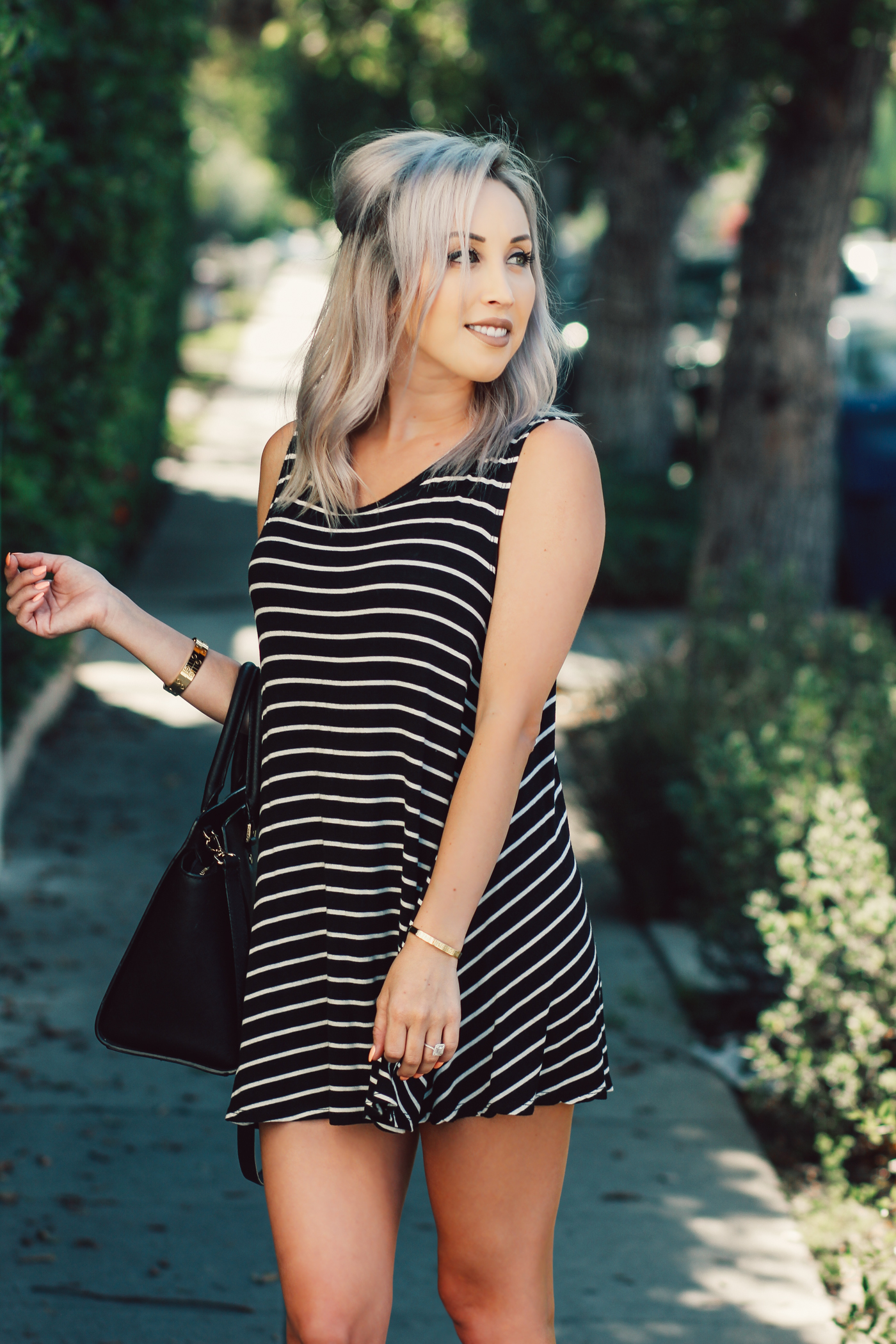Blondie in the City | Black & White Striped Babydoll Dress | Black Lace Up Flats