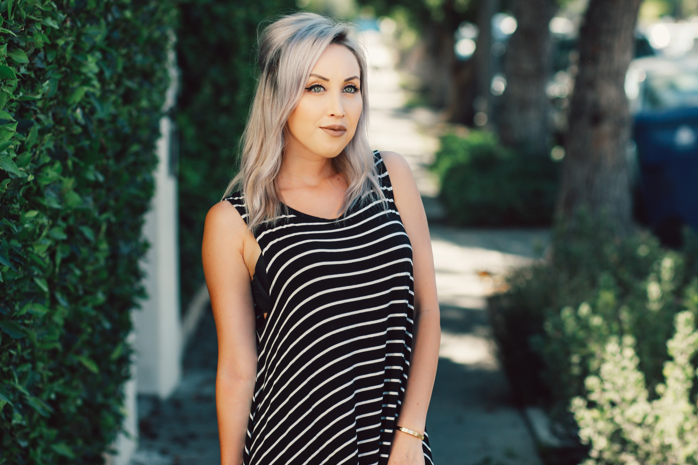 Blondie in the City | Black & White Striped Babydoll Dress | Black Lace Up Flats