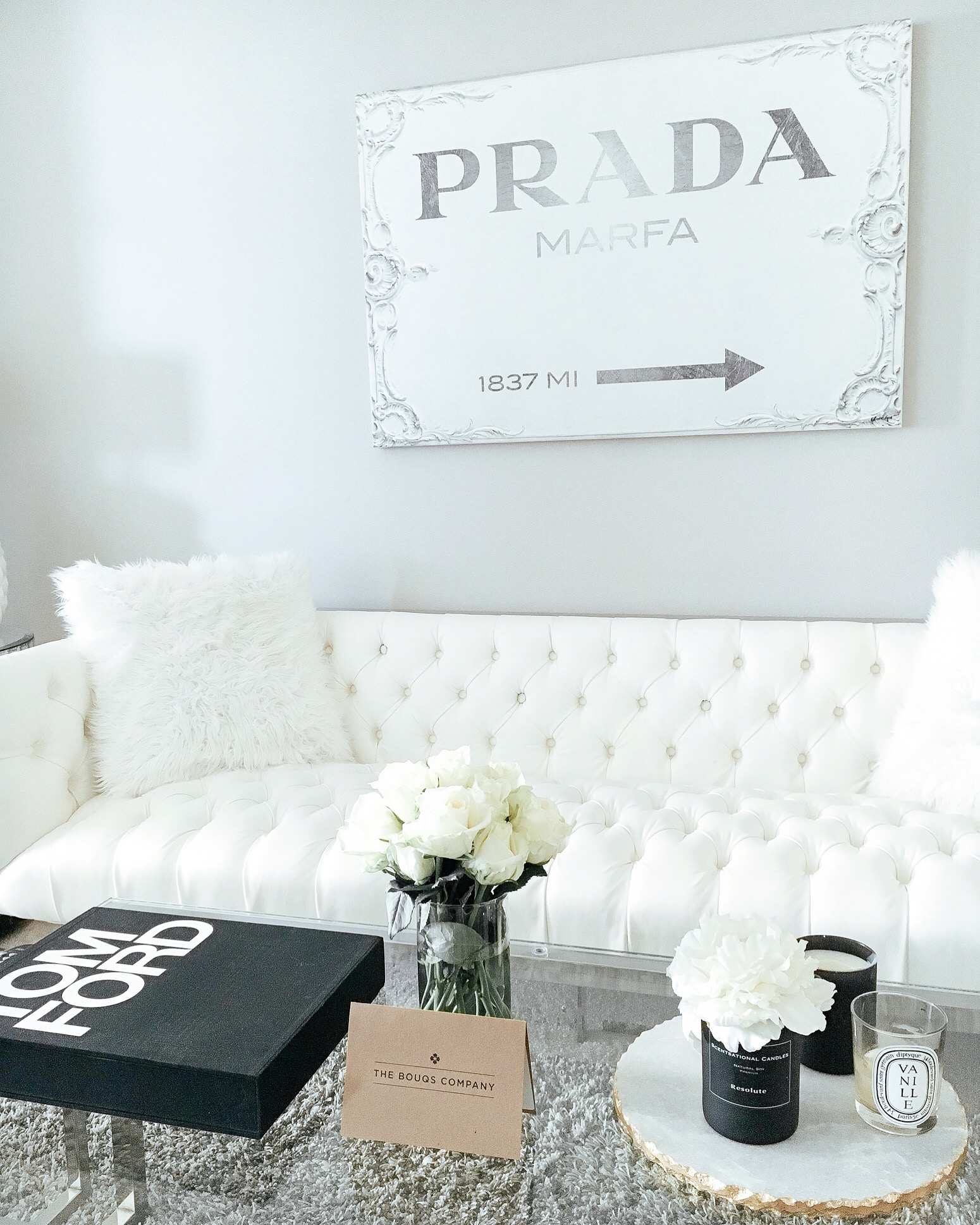 Blondie in the City | Home Decor | White Living Room | Prada Marfa Canvas | Tom Ford Book